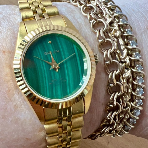 VINTAGE RARE GRUEN MALACHITE GREEN FACE GOLDTONE METAL DEPLOYMENT BAND WORKING main image 6